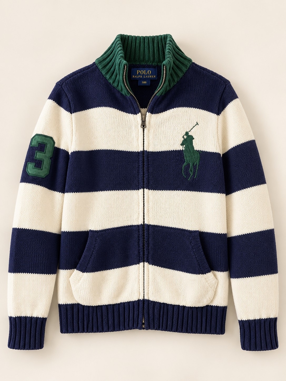 Polo Ralph Lauren Boys 8 Big Pony Striped Full Zip Cotton Sweater Rugby #3